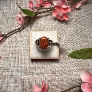 Size 9 | Silver Boho Gemstone Ring – Large Oval Venturina, Chunky Statement